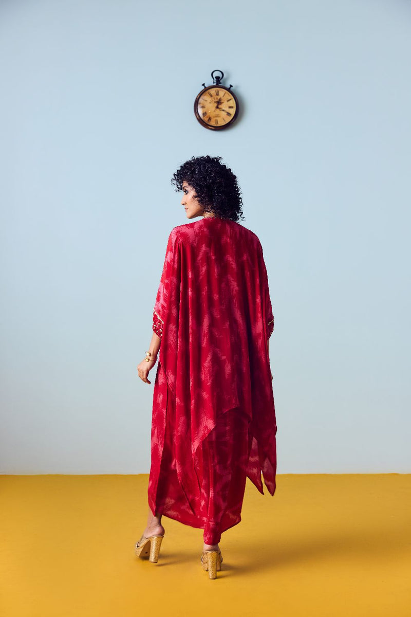 Raso Red Hand-Embroidered Kaftan Tunic with Draped Skirt Set silk by PRAHNAAYA in red color for women Worldwide