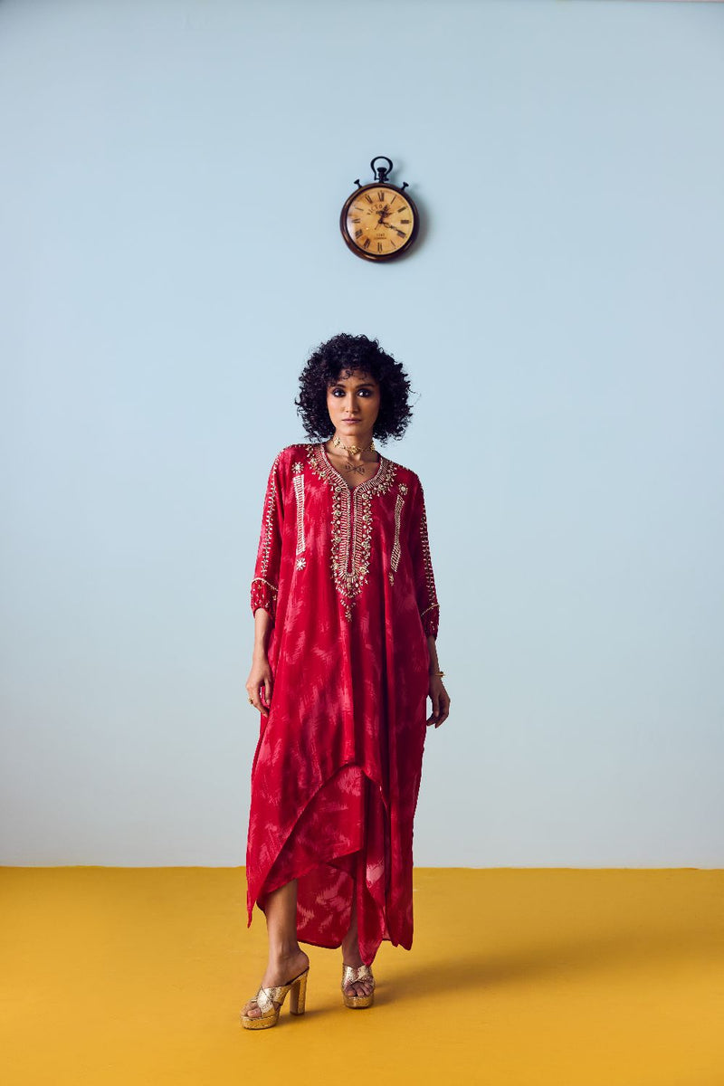 Raso Red Hand-Embroidered Kaftan Tunic with Draped Skirt Set silk by PRAHNAAYA in red color for women Worldwide