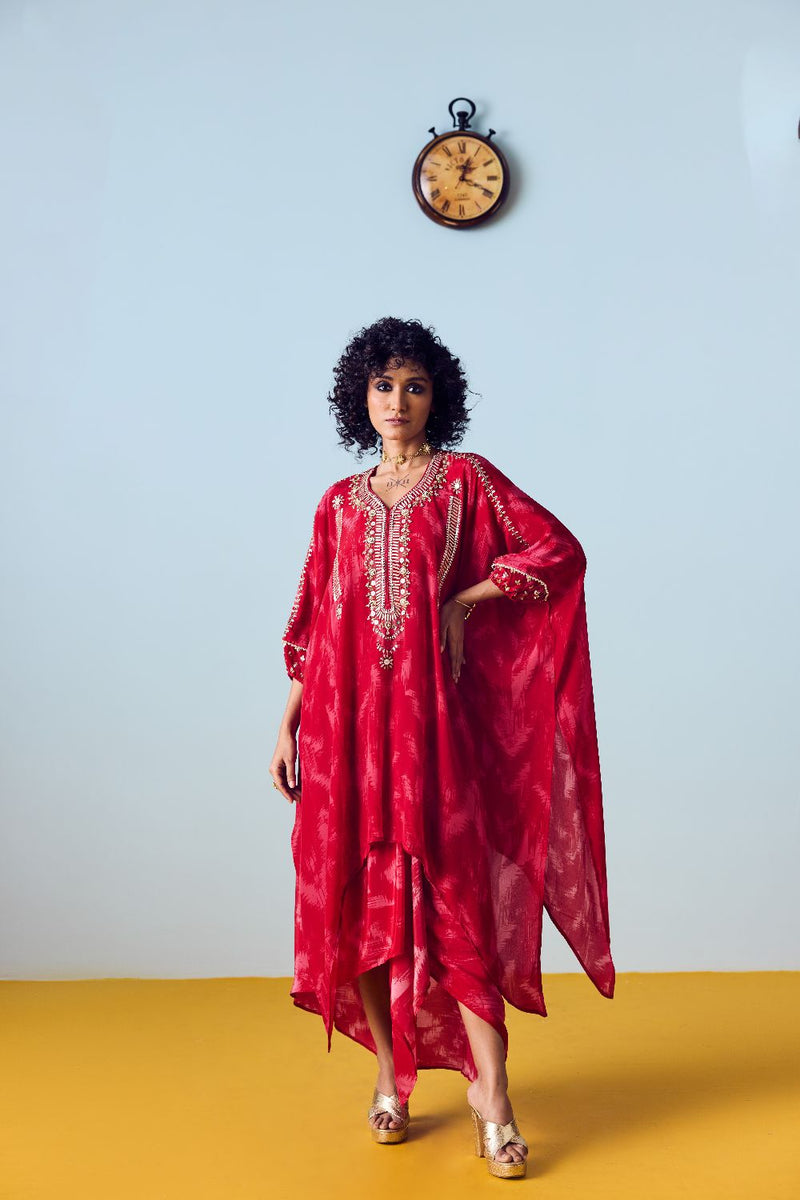 Raso Red Hand-Embroidered Kaftan Tunic with Draped Skirt Set silk by PRAHNAAYA in red color for women Worldwide