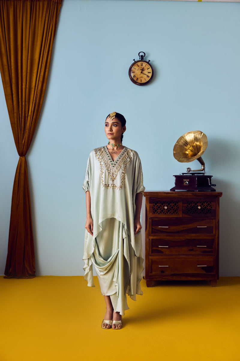 Maia Sage Green Anti-Fit Tunic Set with Skirt satin by PRAHNAAYA for women Worldwide