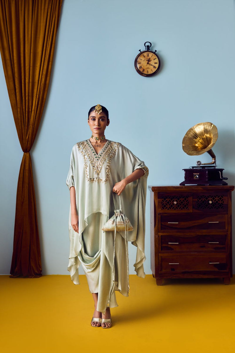 Maia Sage Green Anti-Fit Tunic Set with Skirt satin by PRAHNAAYA for women Worldwide