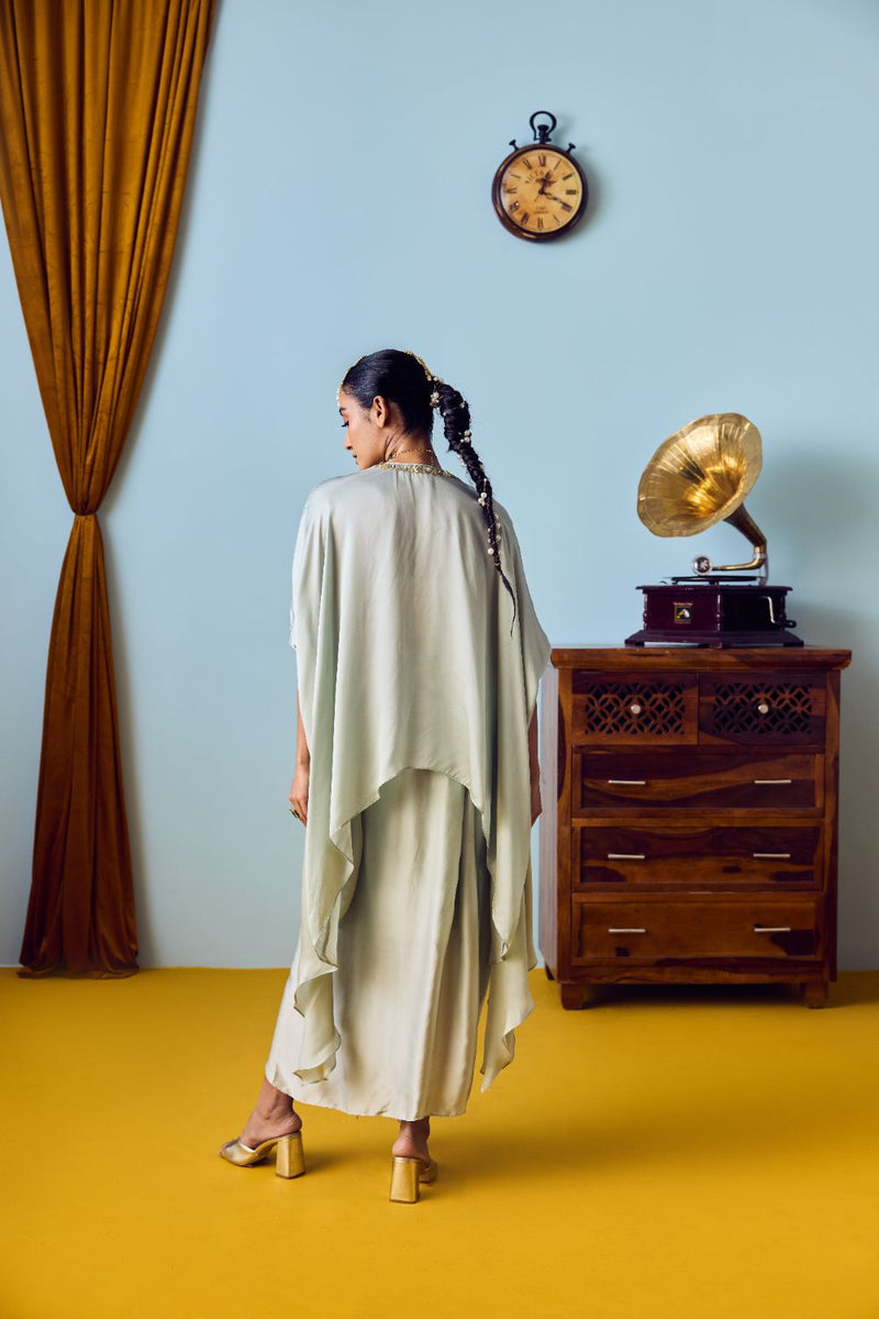 Maia Sage Green Anti-Fit Tunic Set with Skirt satin by PRAHNAAYA for women Worldwide