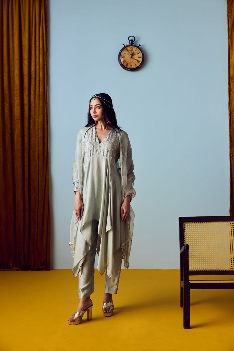Sureen Festive Asymmetric Sage Green Kurta Set with Dupatta satin by PRAHNAAYA for women Worldwide