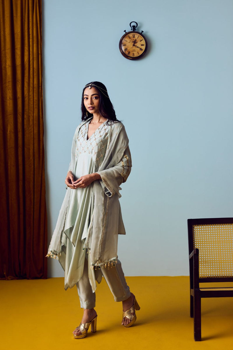 Sureen Festive Asymmetric Sage Green Kurta Set with Dupatta satin by PRAHNAAYA for women Worldwide