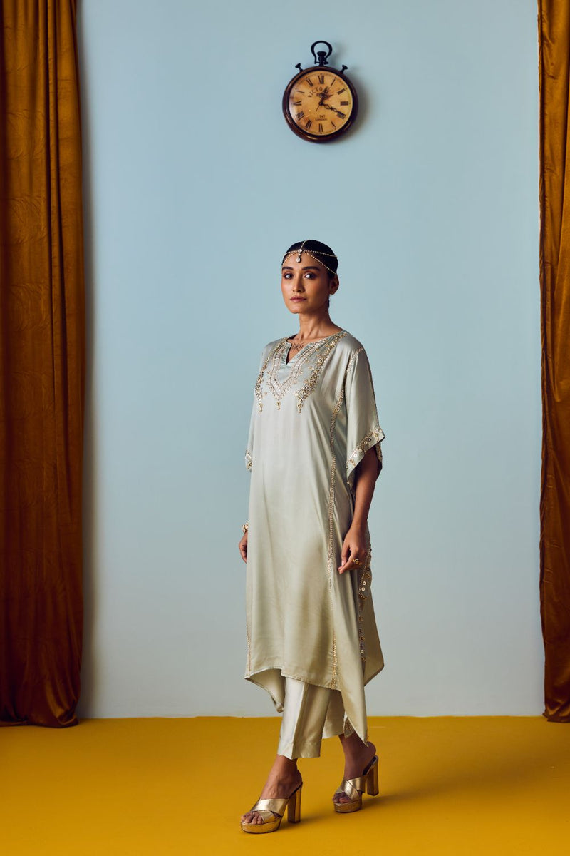 Nourie Sage Green Hand-Embroidered Kaftan Set satin by PRAHNAAYA for women Worldwide