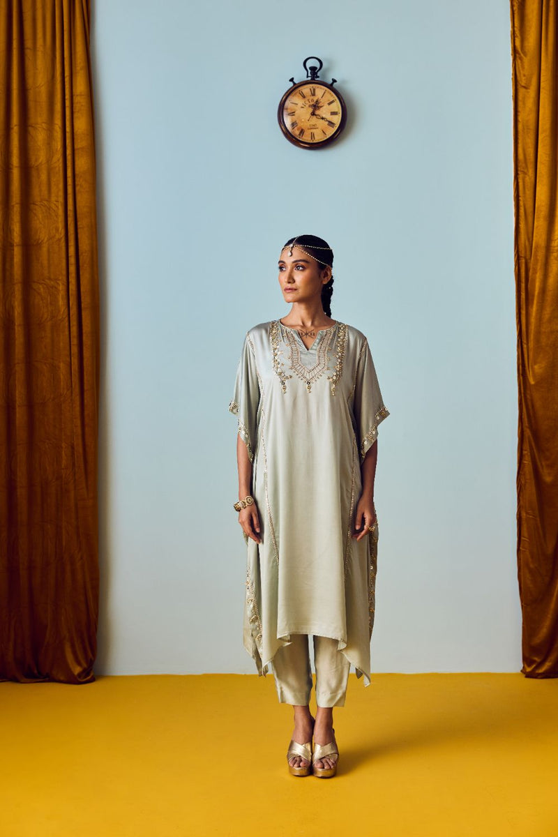 Nourie Sage Green Hand-Embroidered Kaftan Set satin by PRAHNAAYA for women Worldwide