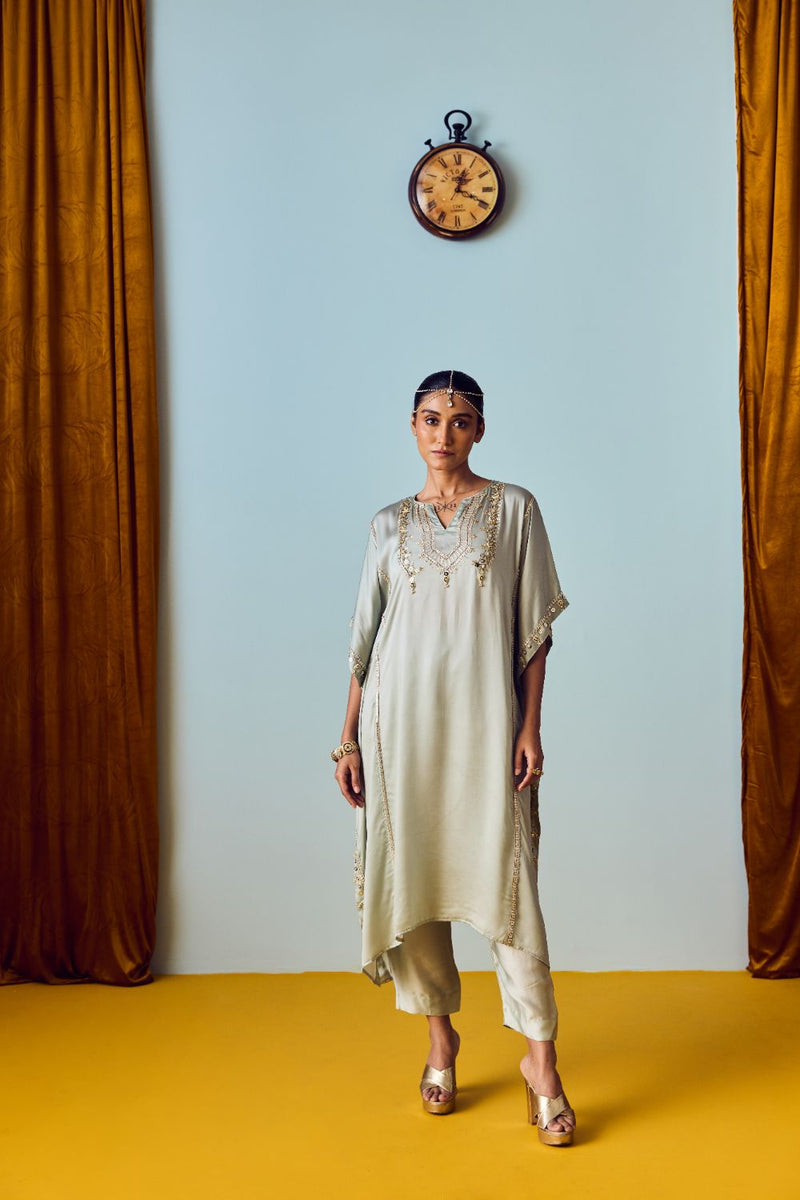 Nourie Sage Green Hand-Embroidered Kaftan Set satin by PRAHNAAYA for women Worldwide