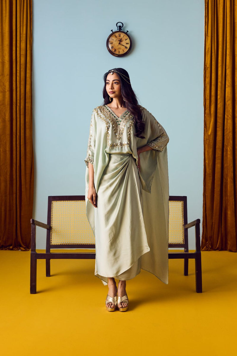 Nexa Sage Green Hi-Low Top and Wrap Skirt Set satin by PRAHNAAYA for women Worldwide