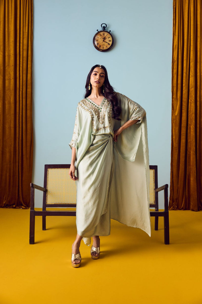 Nexa Sage Green Hi-Low Top and Wrap Skirt Set satin by PRAHNAAYA for women Worldwide