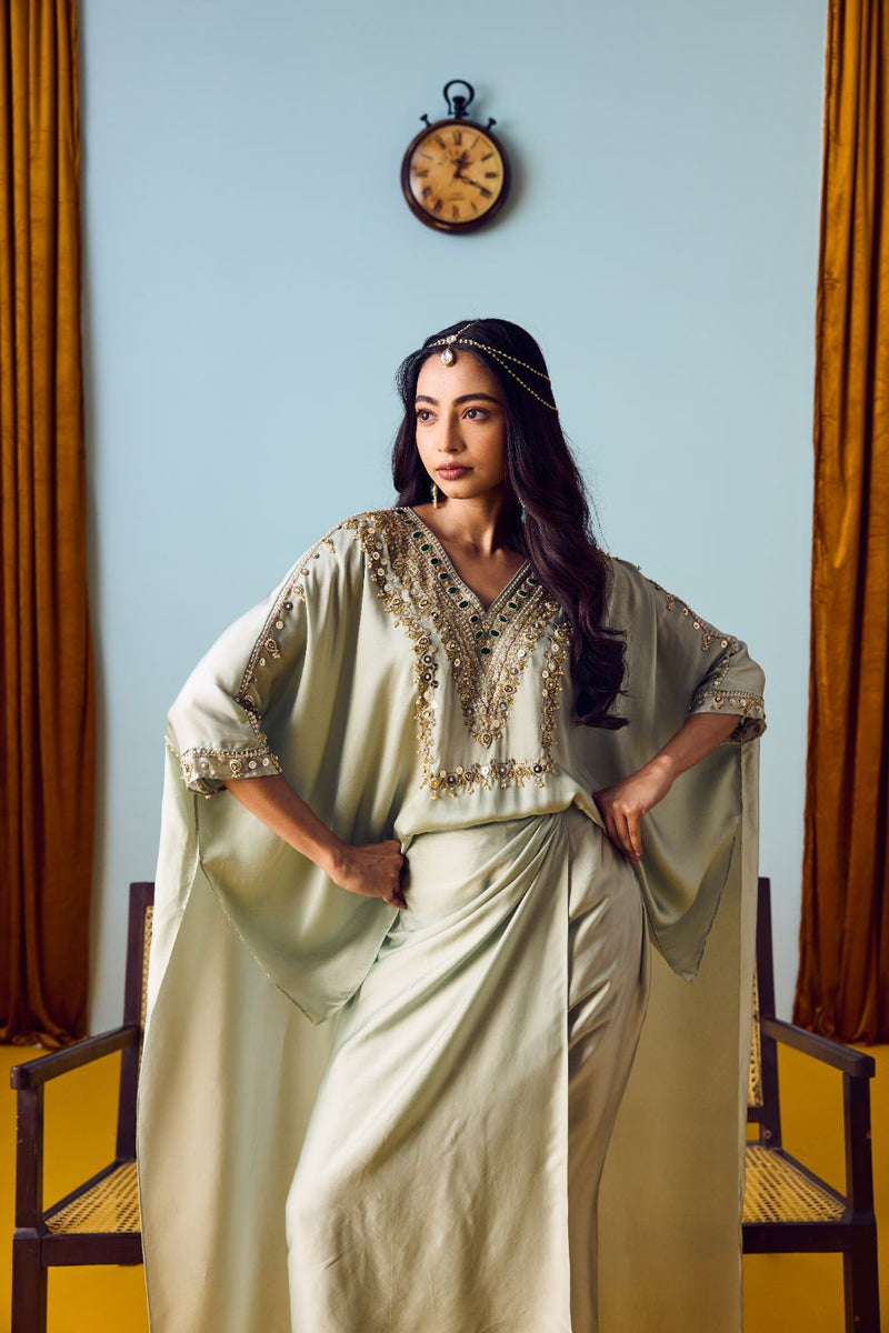 Nexa Sage Green Hi-Low Top and Wrap Skirt Set satin by PRAHNAAYA for women Worldwide