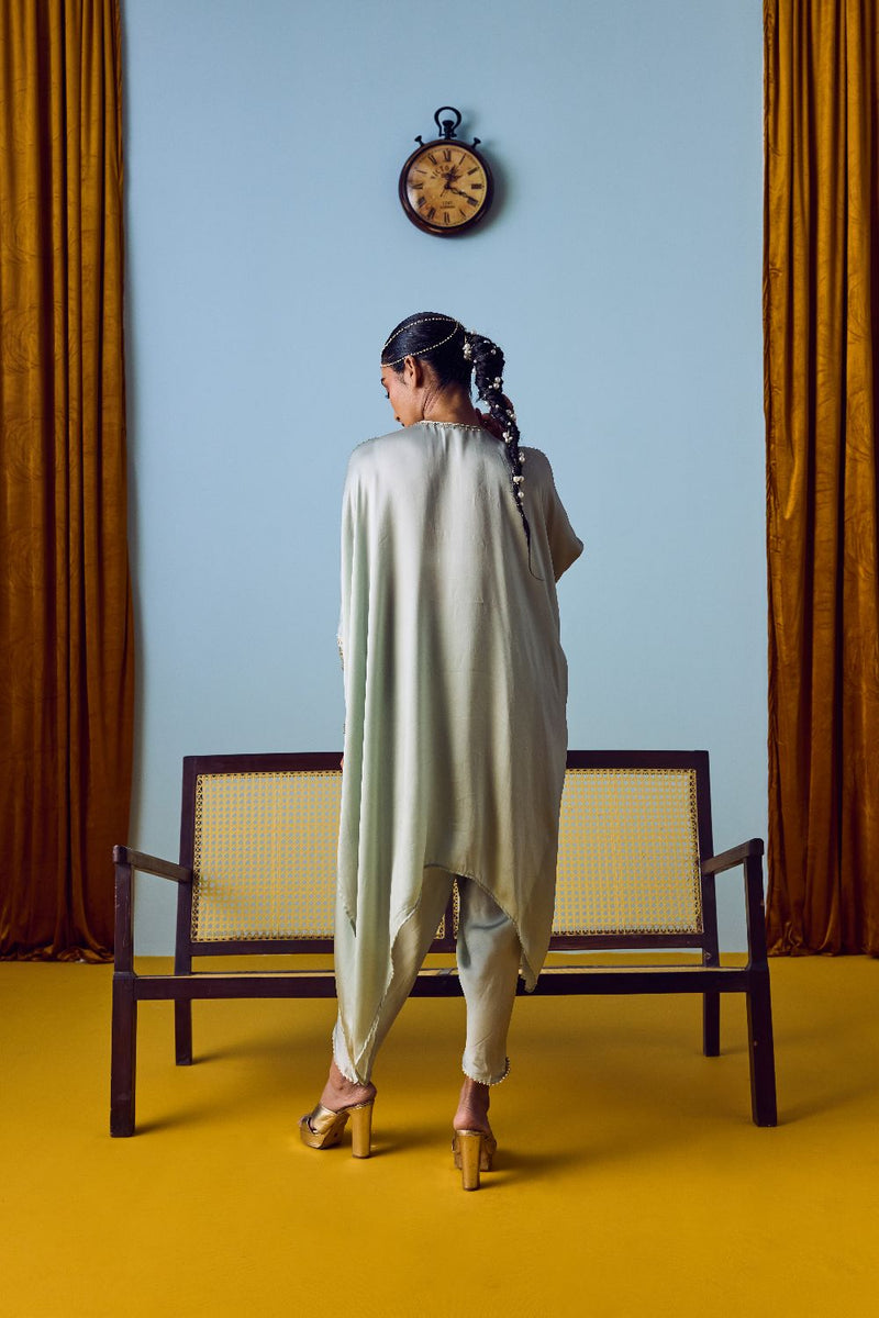 Raso Sage Green Hand-Embroidered Tunic with Tulip Pants satin by PRAHNAAYA for women Worldwide