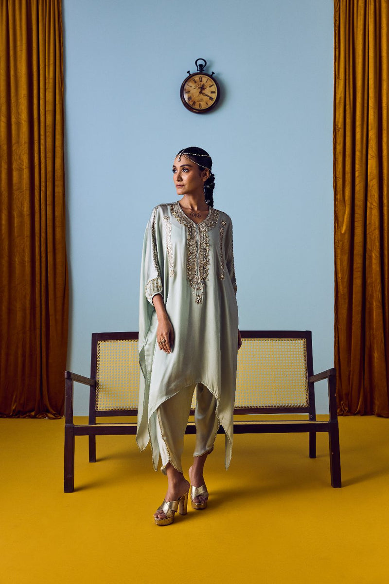 Raso Sage Green Hand-Embroidered Tunic with Tulip Pants satin by PRAHNAAYA for women Worldwide