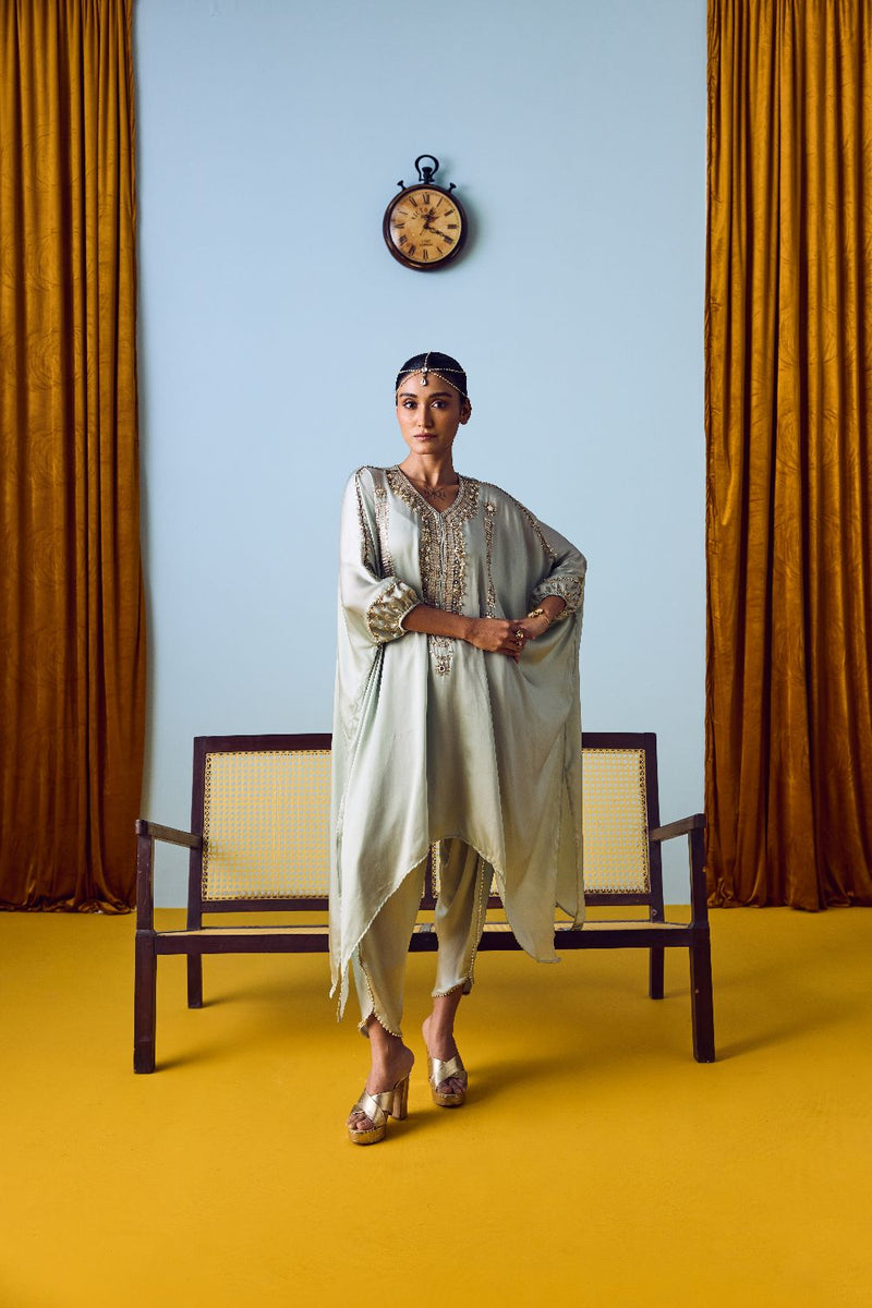 Raso Sage Green Hand-Embroidered Tunic with Tulip Pants satin by PRAHNAAYA for women Worldwide