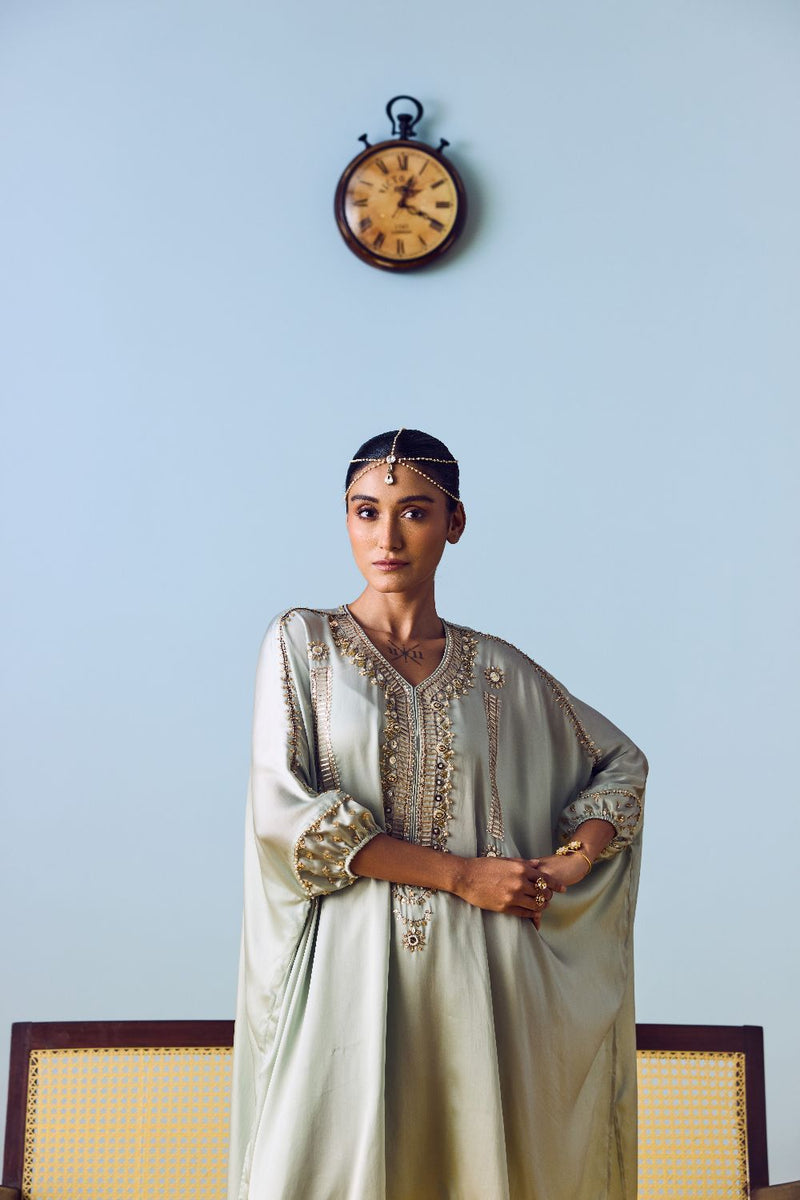 Raso Sage Green Hand-Embroidered Tunic with Tulip Pants satin by PRAHNAAYA for women Worldwide