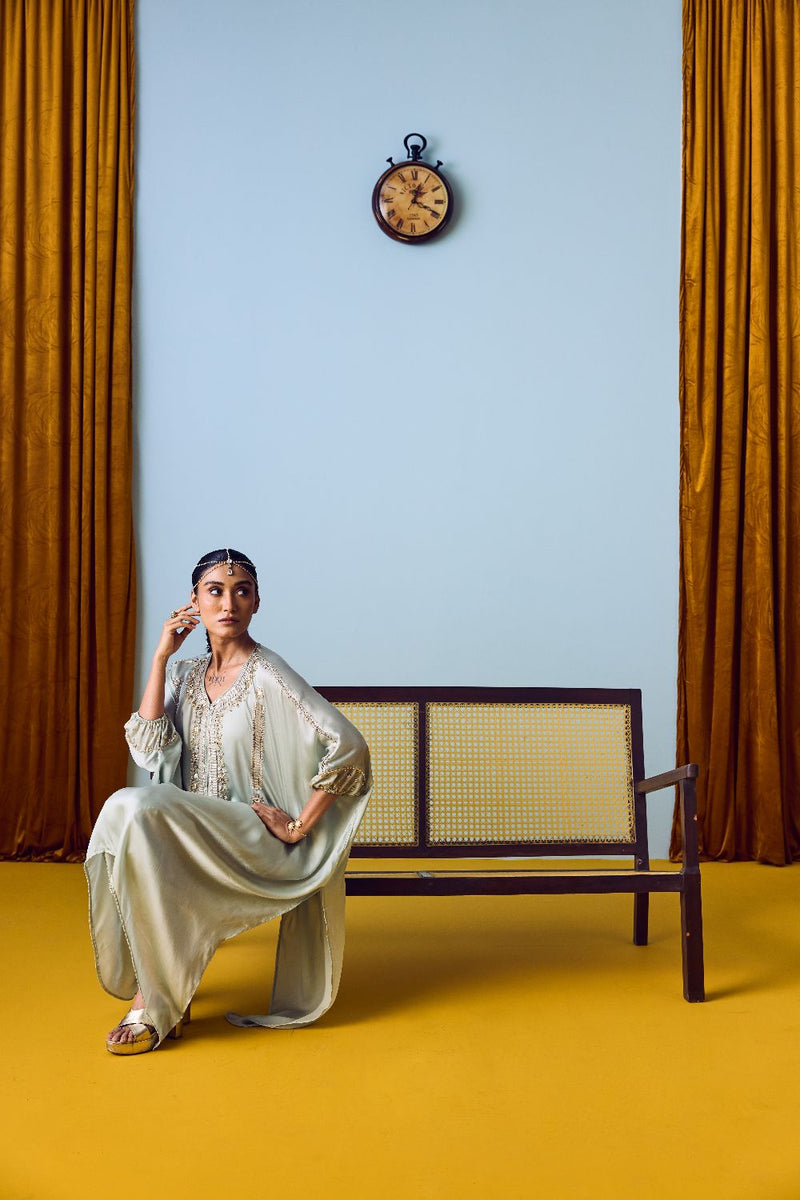 Raso Sage Green Hand-Embroidered Tunic with Tulip Pants satin by PRAHNAAYA for women Worldwide