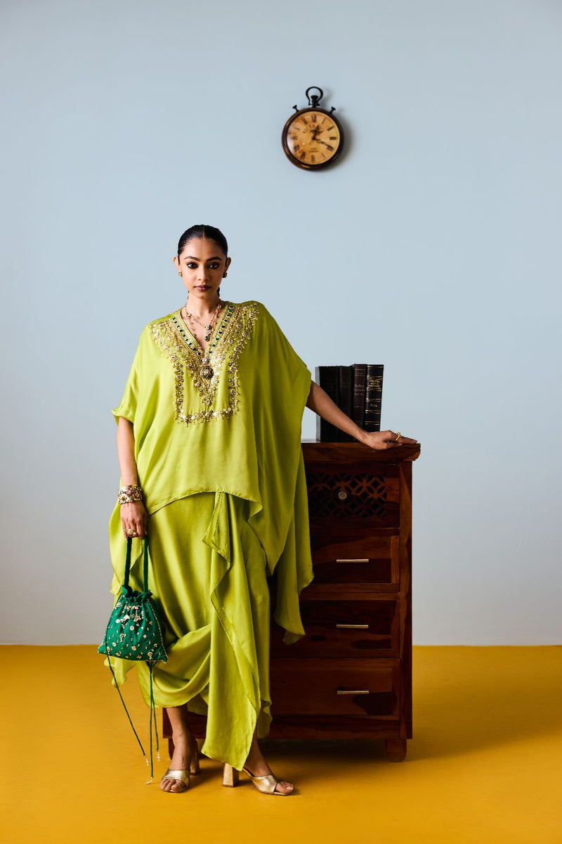 Maia Sublime Neon Anti-Fit Tunic Set with Skirt satin by PRAHNAAYA in neon color for women Worldwide