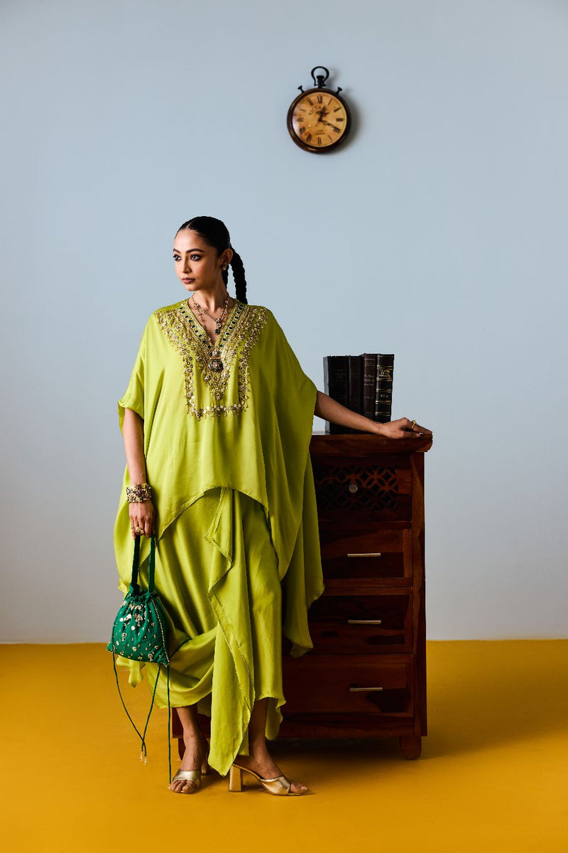 Maia Sublime Neon Anti-Fit Tunic Set with Skirt satin by PRAHNAAYA in neon color for women Worldwide