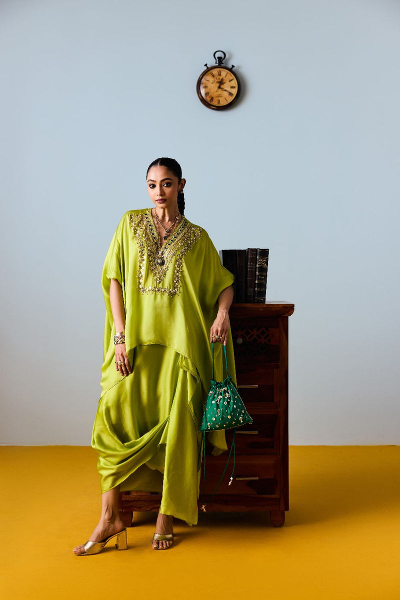 Maia Sublime Neon Anti-Fit Tunic Set with Skirt satin by PRAHNAAYA in neon color for women Worldwide