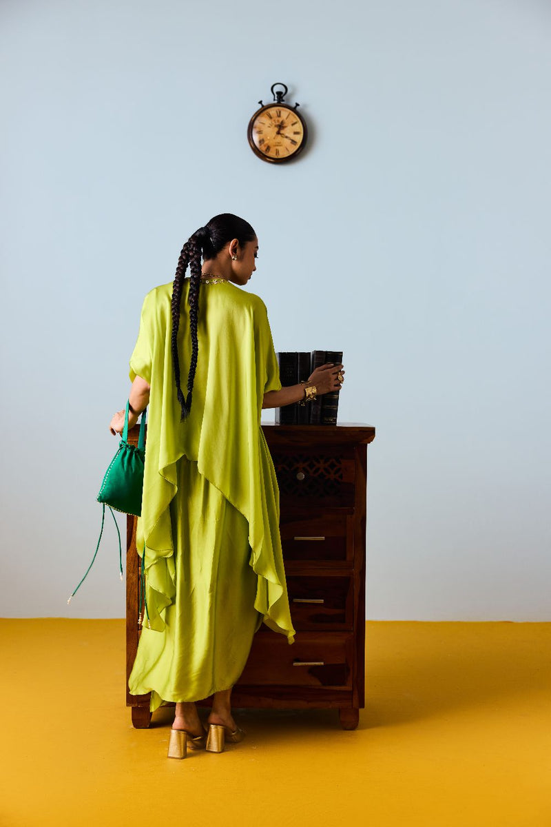 Maia Sublime Neon Anti-Fit Tunic Set with Skirt satin by PRAHNAAYA in neon color for women Worldwide