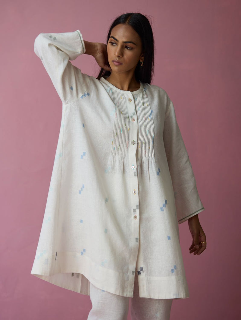 Dima Jmdani Linen Pintuck Co-ord Set - Ivory all linen by Manan in ivory color for women Worldwide