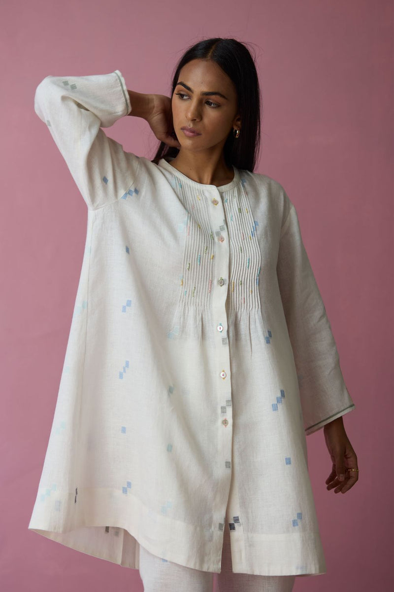 Dima Jmdani Linen Pintuck Co-ord Set - Ivory all linen by Manan in ivory color for women Worldwide