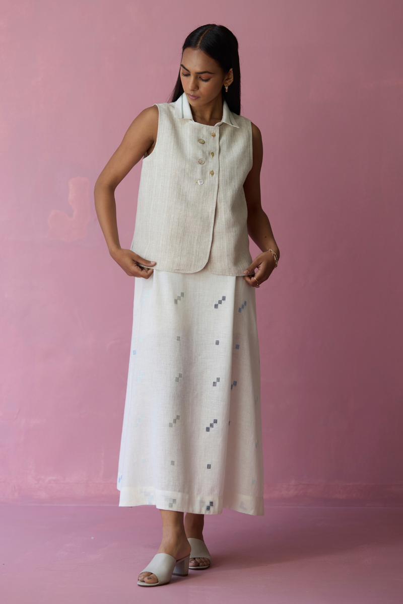 Cara Collared Jamdani Linen Co-ord Set - Ivory all linen by Manan in ivory color for women Worldwide