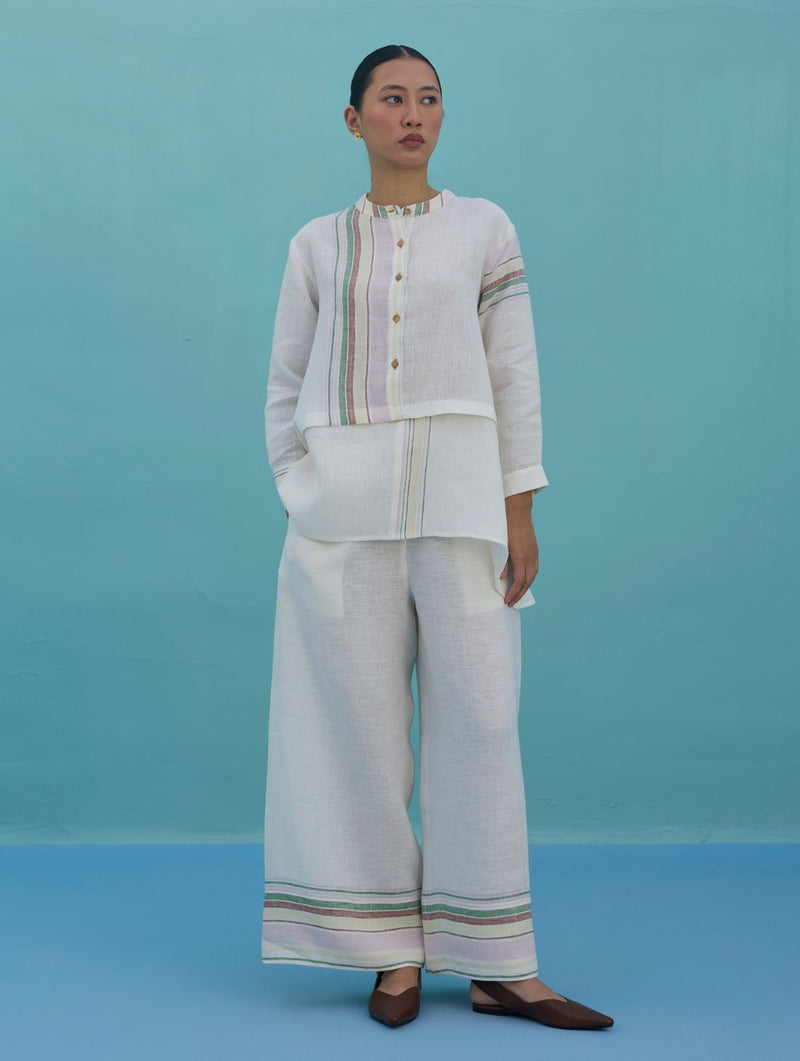 Amaya Border Linen Co-ord Set - Ivory linen co-ord set by Manan in ivory for women Worldwide
