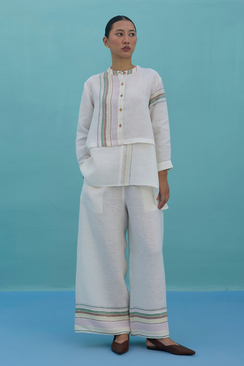 Amaya Border Linen Top - Ivory linen top/shirt by Manan in ivory for women Worldwide