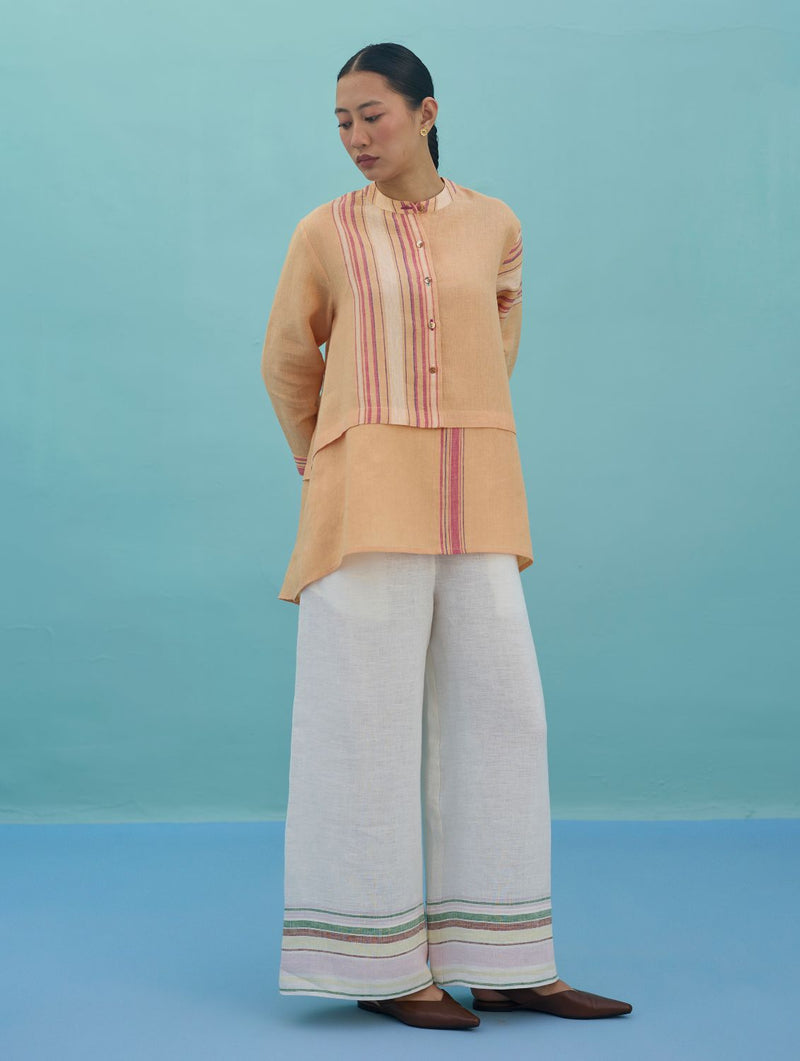 Amaya Border Linen Top - Apricot linen top/shirt by Manan in apricot for women Worldwide