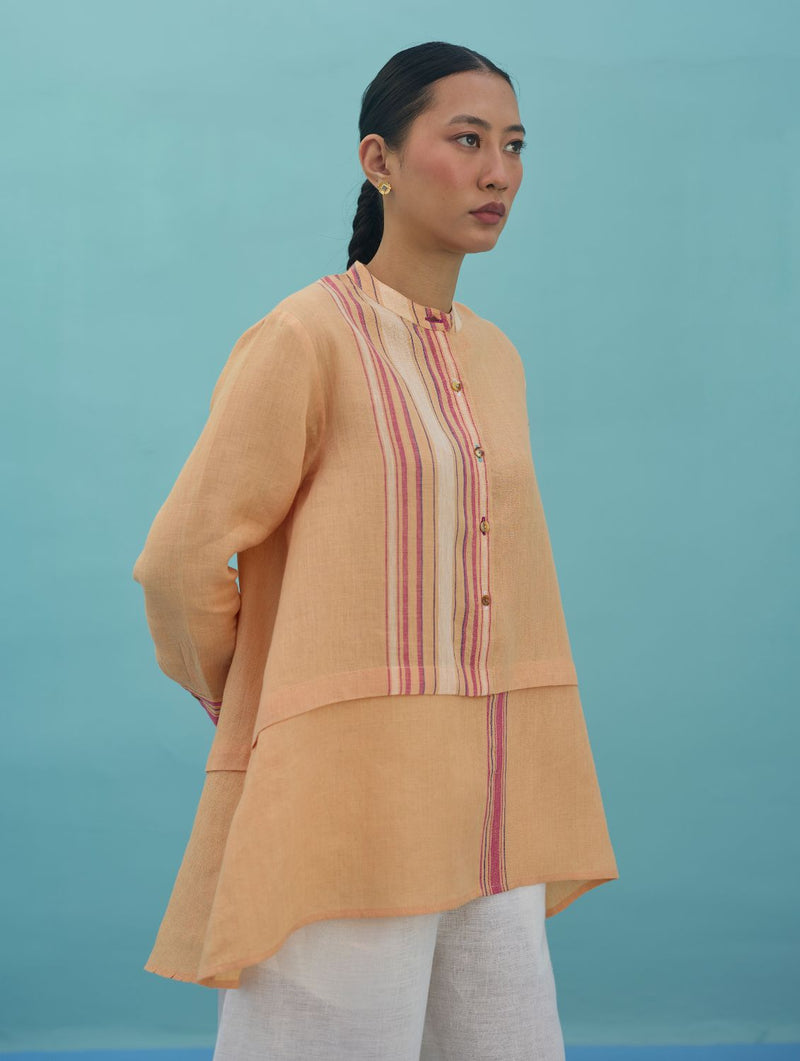 Amaya Border Linen Top - Apricot linen top/shirt by Manan in apricot for women Worldwide