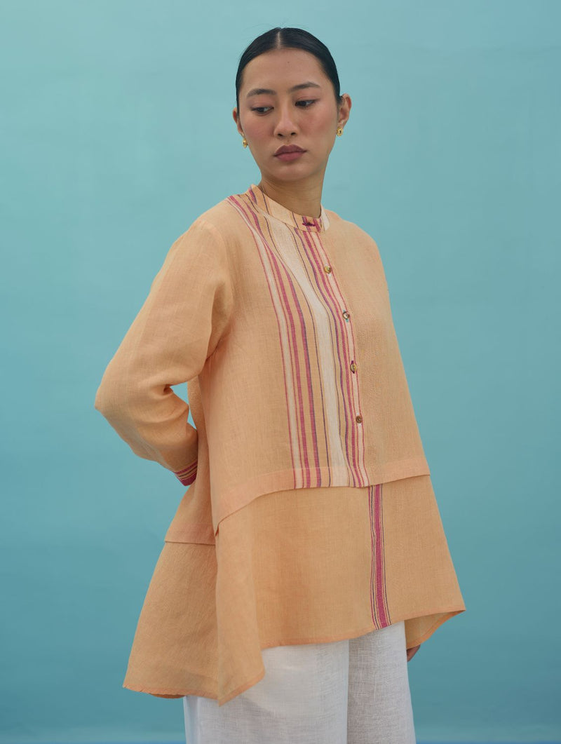 Amaya Border Linen Top - Apricot linen top/shirt by Manan in apricot for women Worldwide