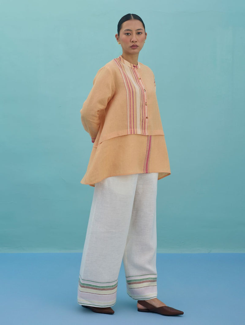 Amaya Border Linen Top - Apricot linen top/shirt by Manan in apricot for women Worldwide