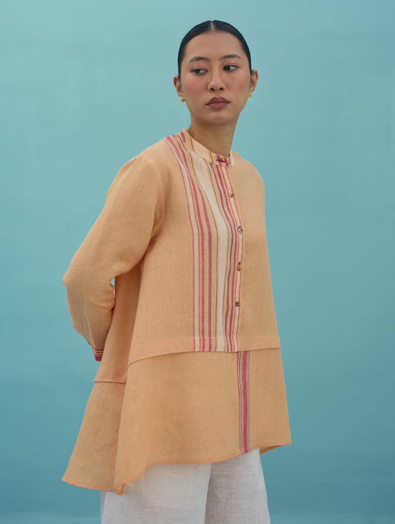Amaya Border Linen Top - Apricot linen top/shirt by Manan in apricot for women Worldwide