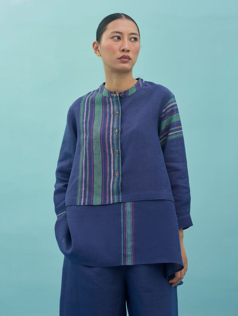 Amaya Border Linen Top - Indigo linen top/shirt by Manan in navy for women Worldwide