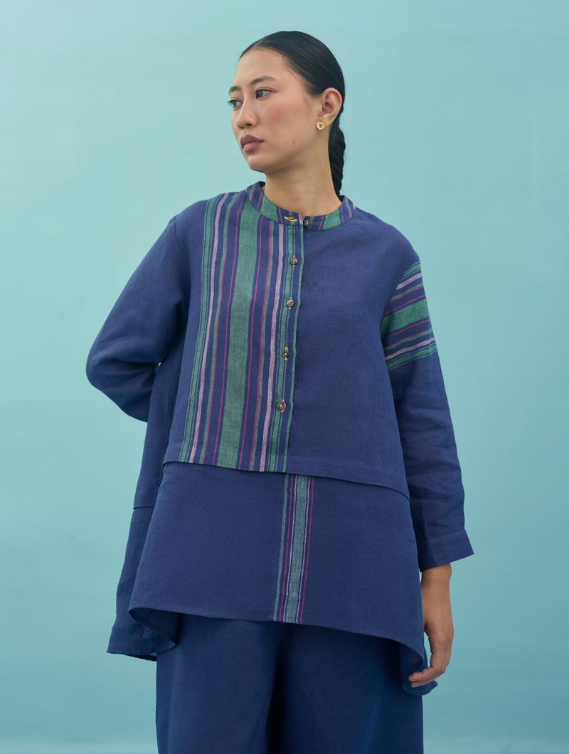 Amaya Border Linen Top - Indigo linen top/shirt by Manan in navy for women Worldwide