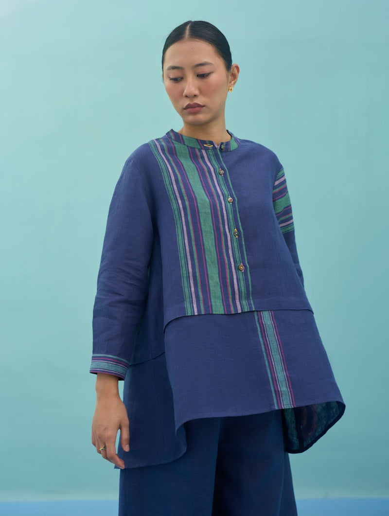 Amaya Border Linen Top - Indigo linen top/shirt by Manan in navy for women Worldwide