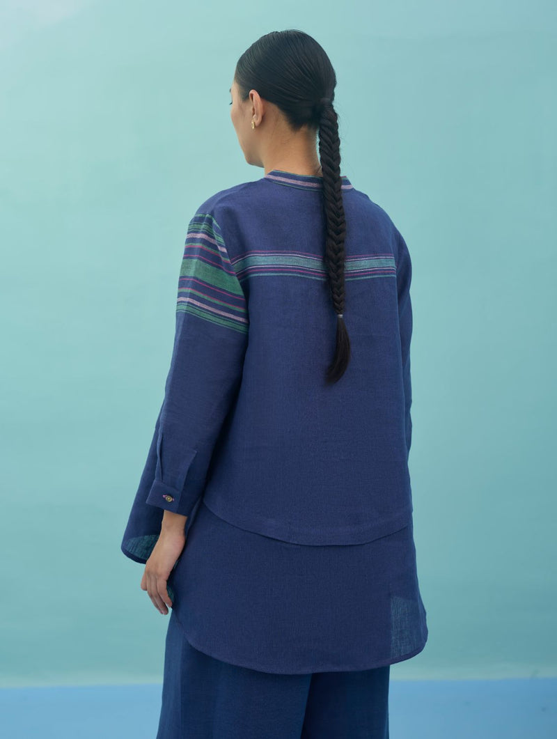 Amaya Border Linen Co-ord Set - Indigo linen co-ord set by Manan in navy for women Worldwide
