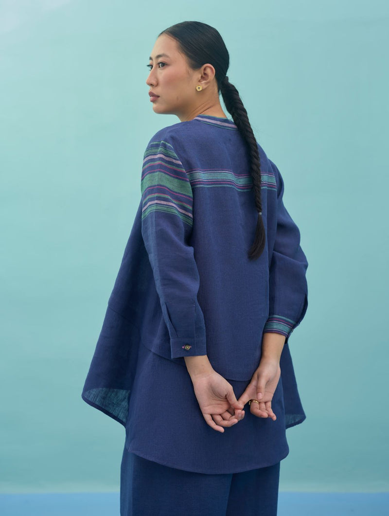 Amaya Border Linen Top - Indigo linen top/shirt by Manan in navy for women Worldwide