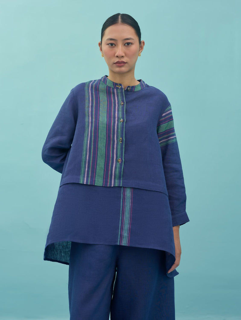 Amaya Border Linen Top - Indigo linen top/shirt by Manan in navy for women Worldwide