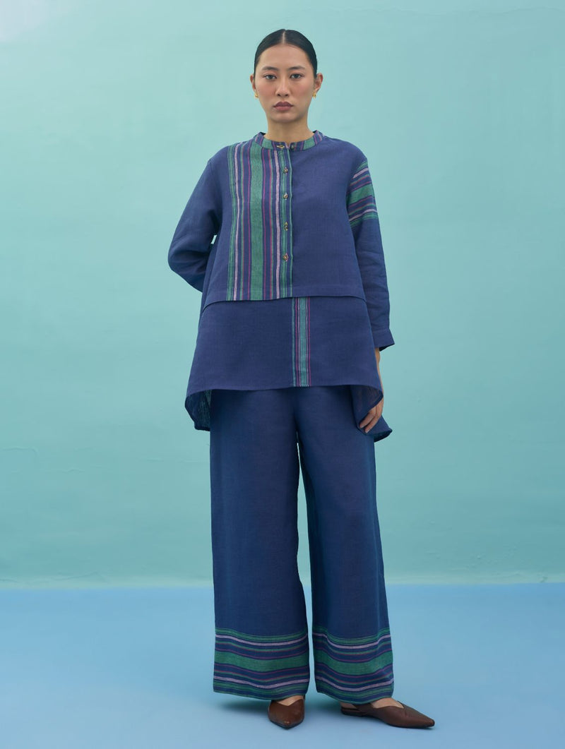 Amaya Border Linen Co-ord Set - Indigo linen co-ord set by Manan in navy for women Worldwide