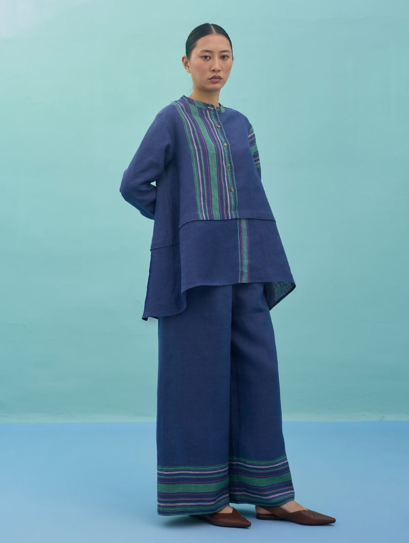 Amaya Border Linen Top - Indigo linen top/shirt by Manan in navy for women Worldwide