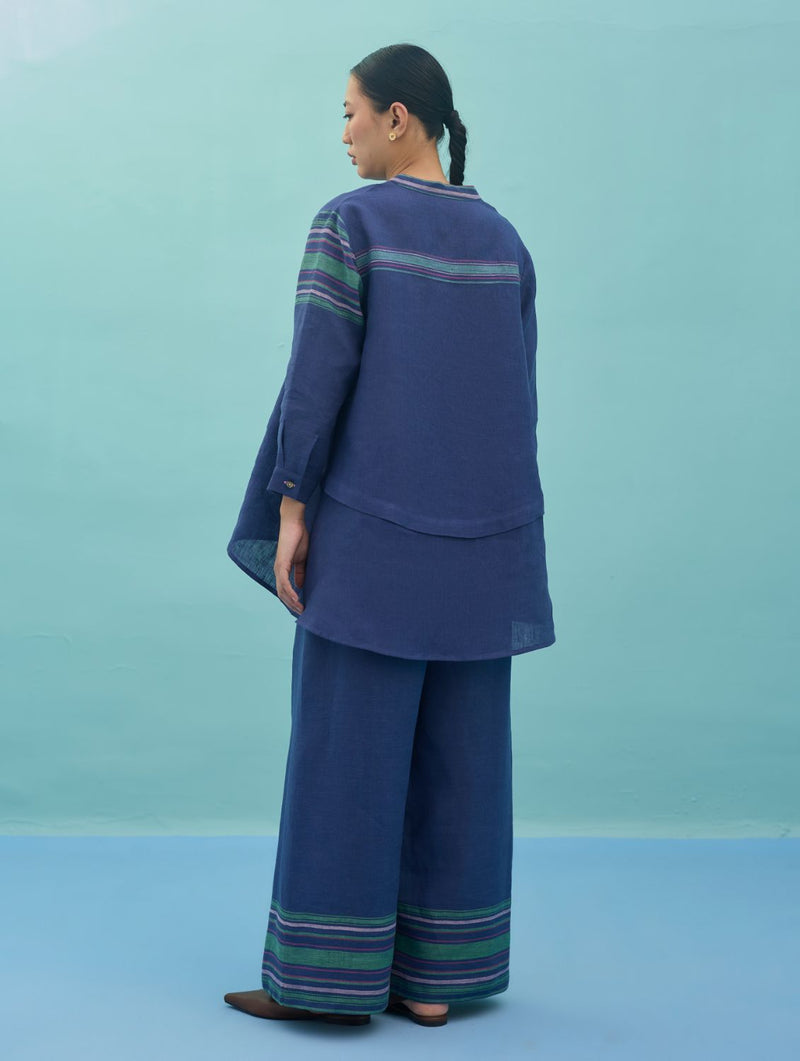 Amaya Border Linen Top - Indigo linen top/shirt by Manan in navy for women Worldwide