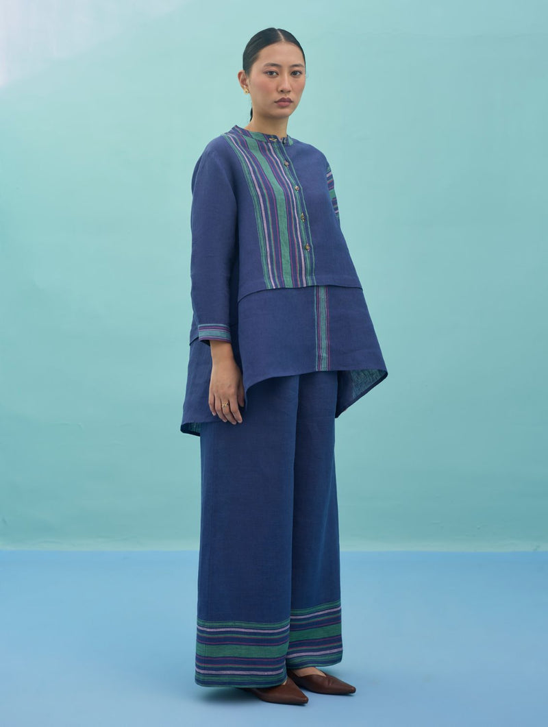 Amaya Border Linen Top - Indigo linen top/shirt by Manan in navy for women Worldwide