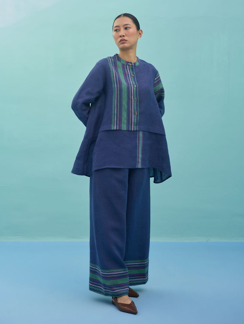 Amaya Border Linen Top - Indigo linen top/shirt by Manan in navy for women Worldwide