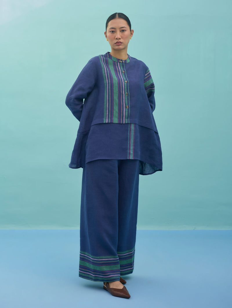 Amaya Border Linen Top - Indigo linen top/shirt by Manan in navy for women Worldwide