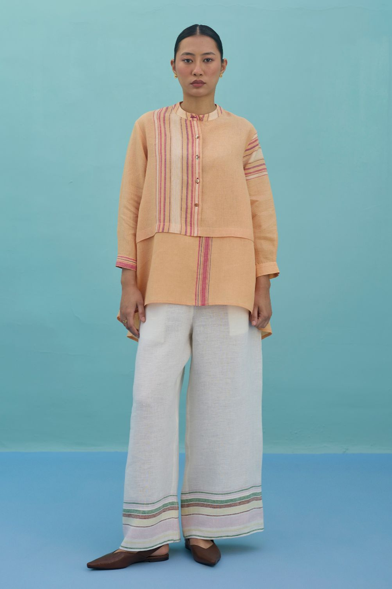 Amaya Border Linen Co-ord Set - Apricot linen co-ord set by Manan in apricot for women Worldwide