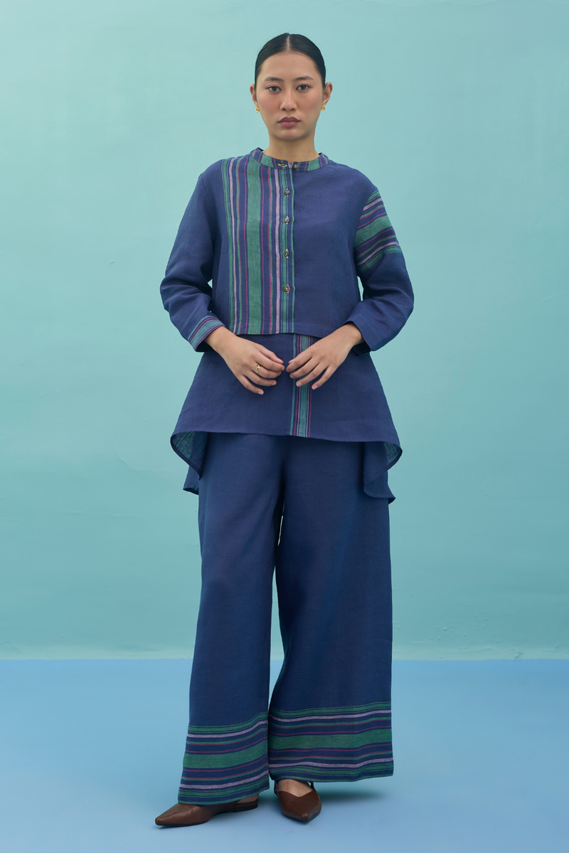 Amaya Border Linen Top - Indigo linen top/shirt by Manan in navy for women Worldwide
