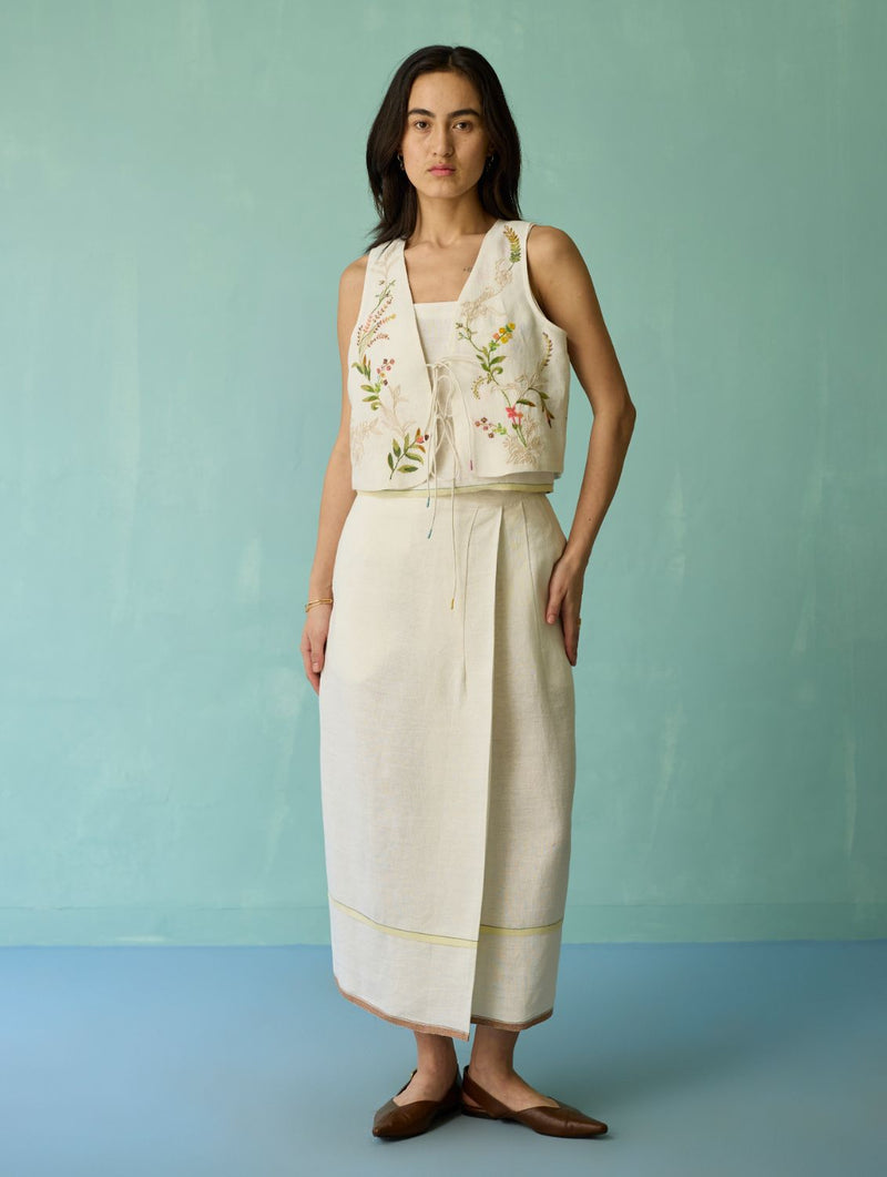 Eon Hand-Embroidered Floral Vest Co-ord Set - Ivory linen co-ord set by Manan in ivory for women Worldwide