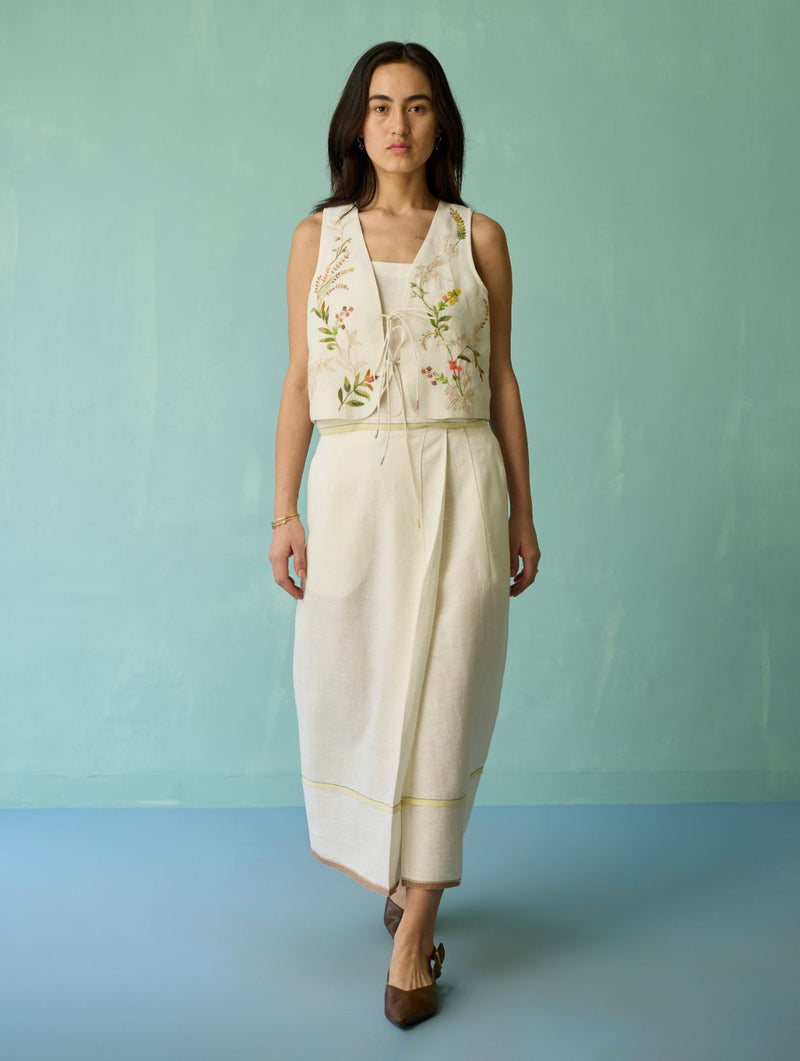 Eon Hand-Embroidered Floral Vest Co-ord Set - Ivory linen co-ord set by Manan in ivory for women Worldwide