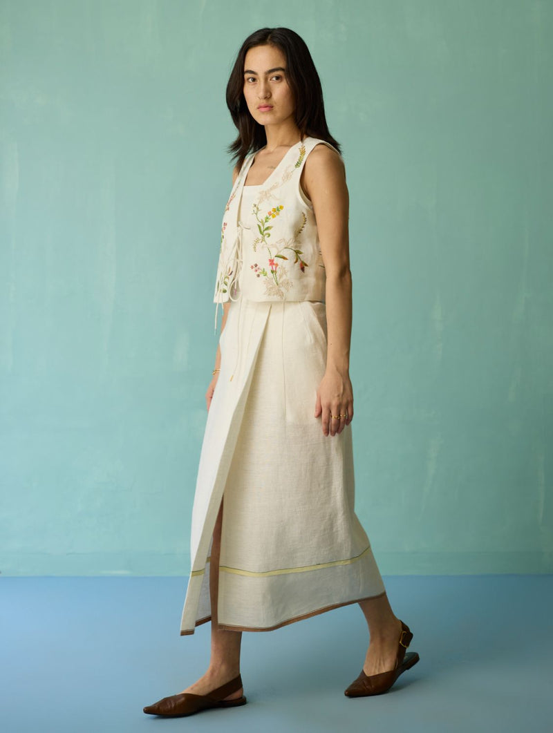 Eon Hand-Embroidered Floral Vest Co-ord Set - Ivory linen co-ord set by Manan in ivory for women Worldwide
